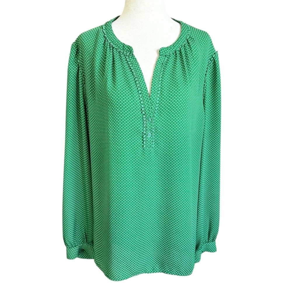 Banana Republic Womens XL Green Geometric Dash Blouse Long Sleeve | 0201